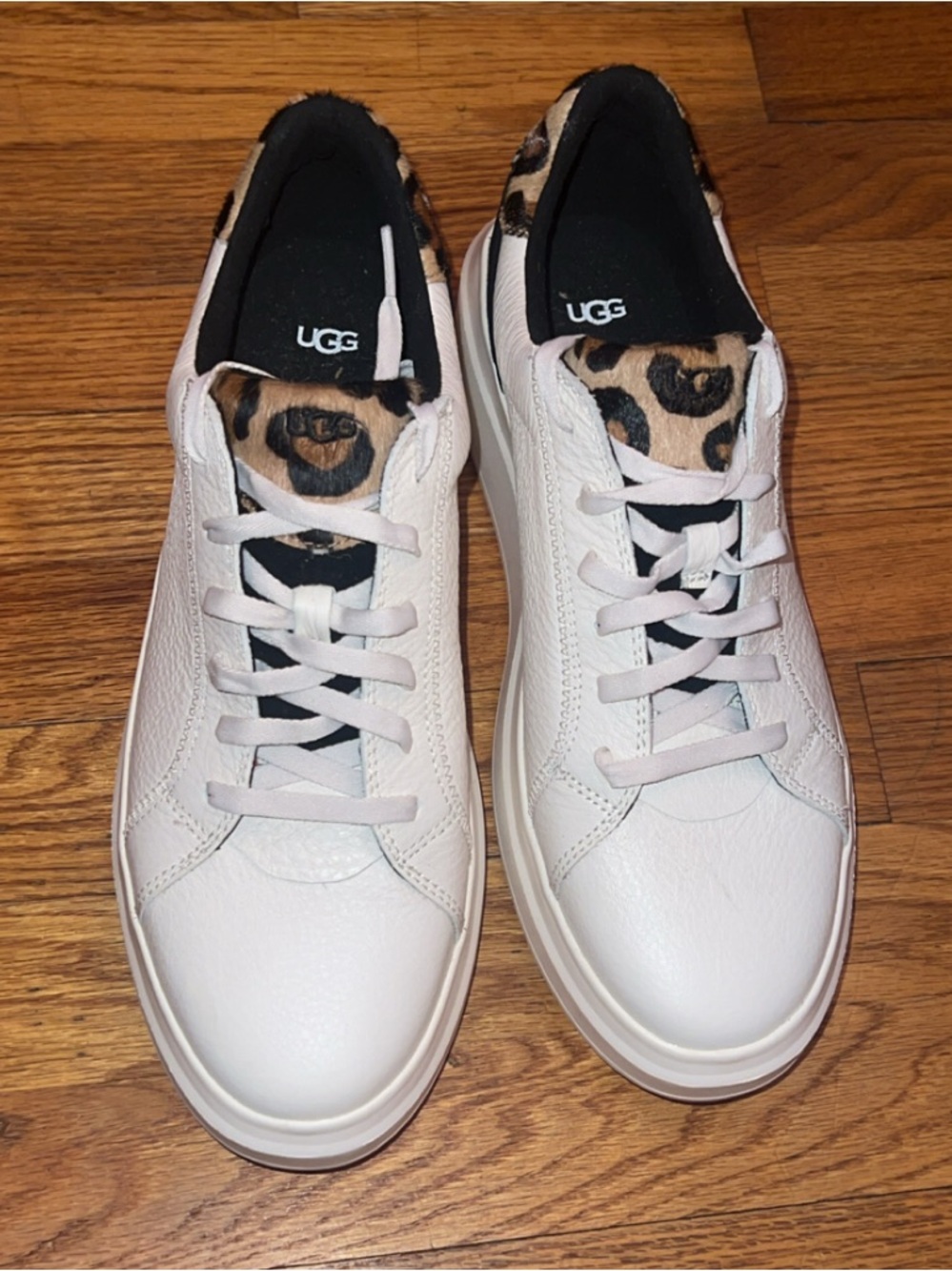 UGG White Leather Sneakers with Leopard Tongue Accent - Picture 1 of 4